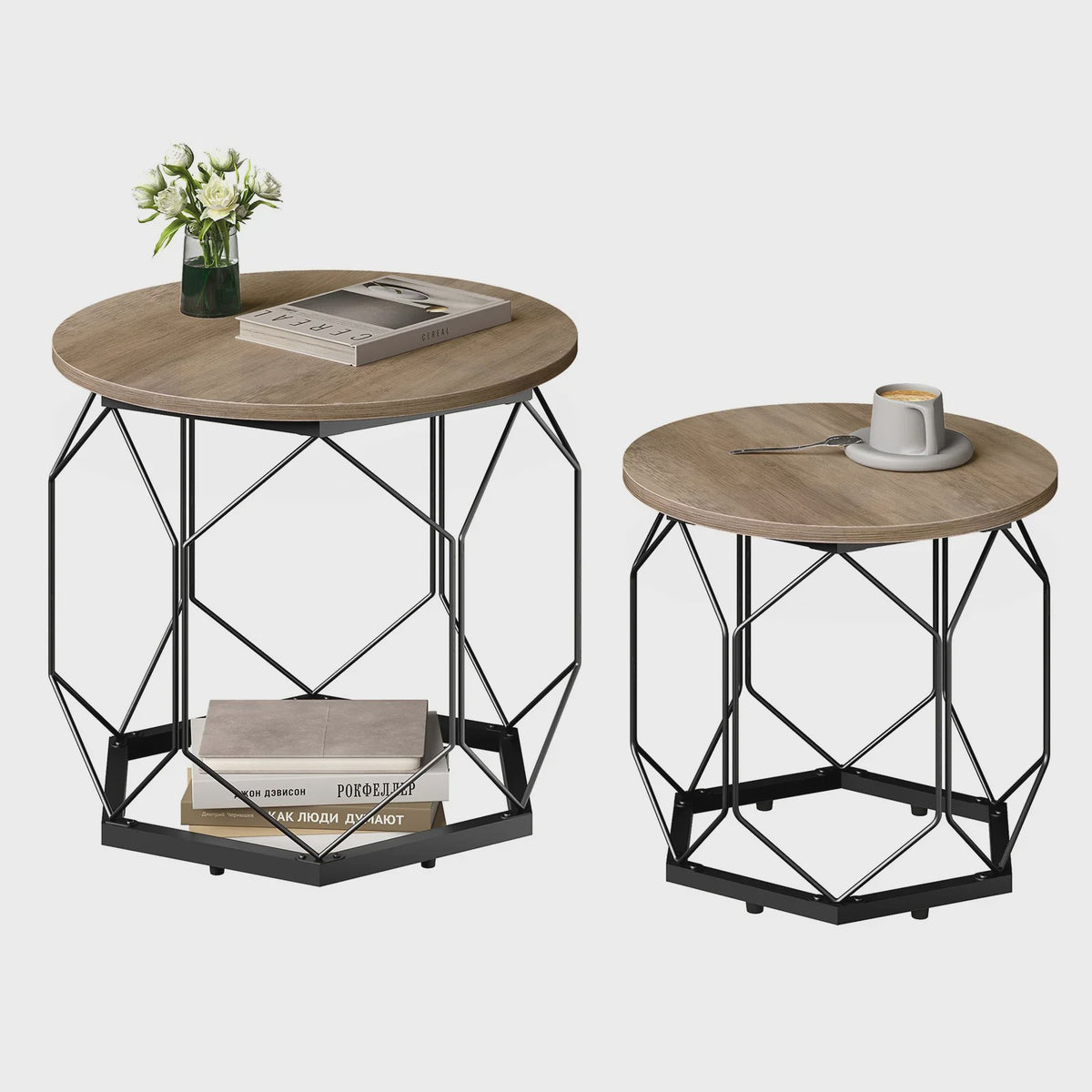 Set van 2 Ronde Bijzettafels met Opbergruimte - Stijlvolle Koffie- en Salontafels voor de Woonkamer met Metaal Frame en Hout