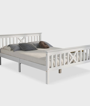 Wit Massief Grenenhouten Tweepersoonsbed 140x200 cm met Lattenbodem en Stijlvol Hoofdbord