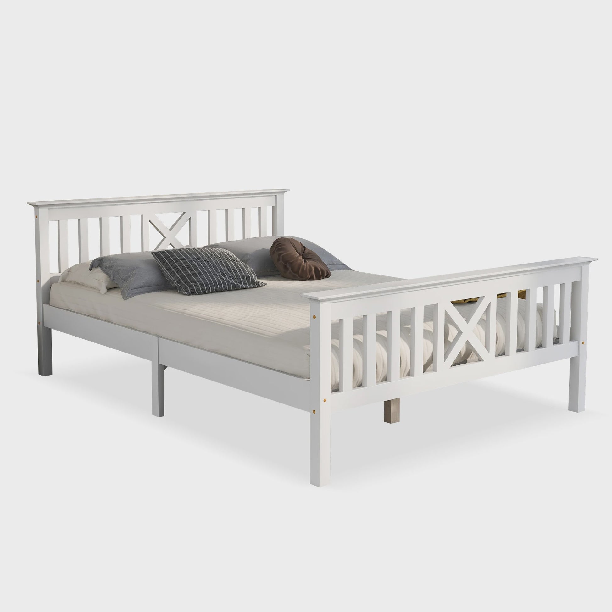 Wit Massief Grenenhouten Tweepersoonsbed 140x200 cm met Lattenbodem en Stijlvol Hoofdbord