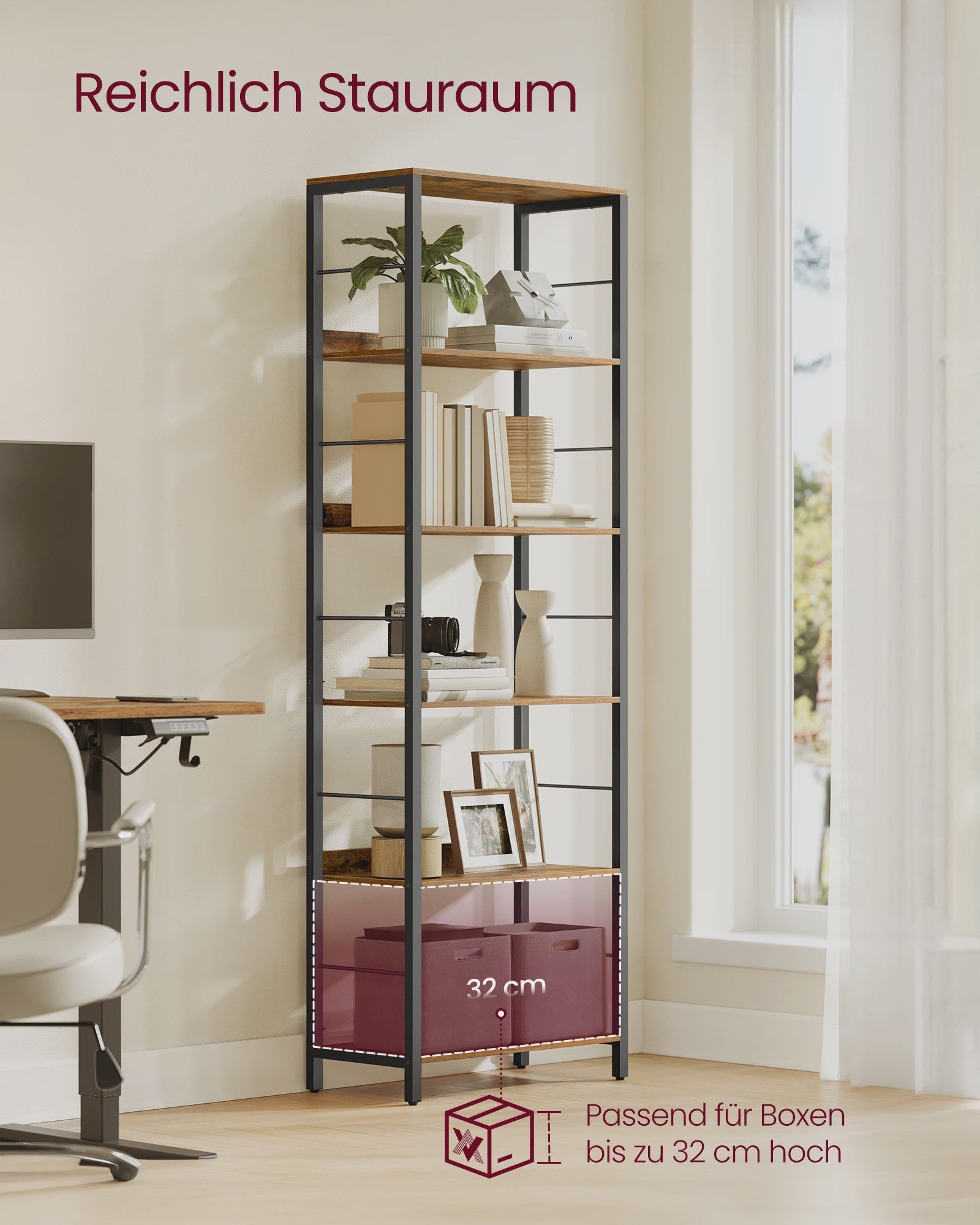 VASAGLE Hoge Boekenkast met 6 Planken - Stijlvolle Opbergkast met Metalen Frame