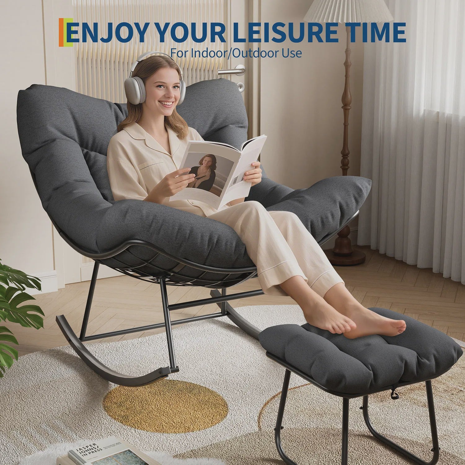 Oversized Papasan Schommelstoel Buiten - Comfortabele Lounge Stoel met Voetenbank