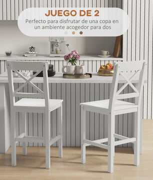 Homcom Set of 2 High Kitchen Stools Wooden Bar Stools with Footrest and Cross Backrest Load Capacity 120 kg White