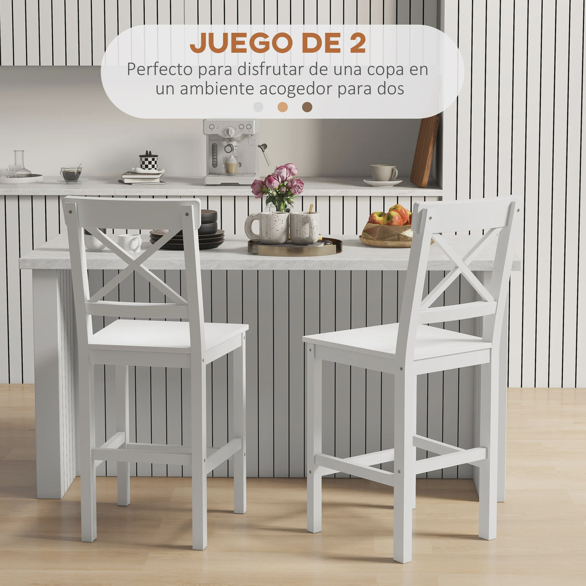 Homcom Set of 2 High Kitchen Stools Wooden Bar Stools with Footrest and Cross Backrest Load Capacity 120 kg White