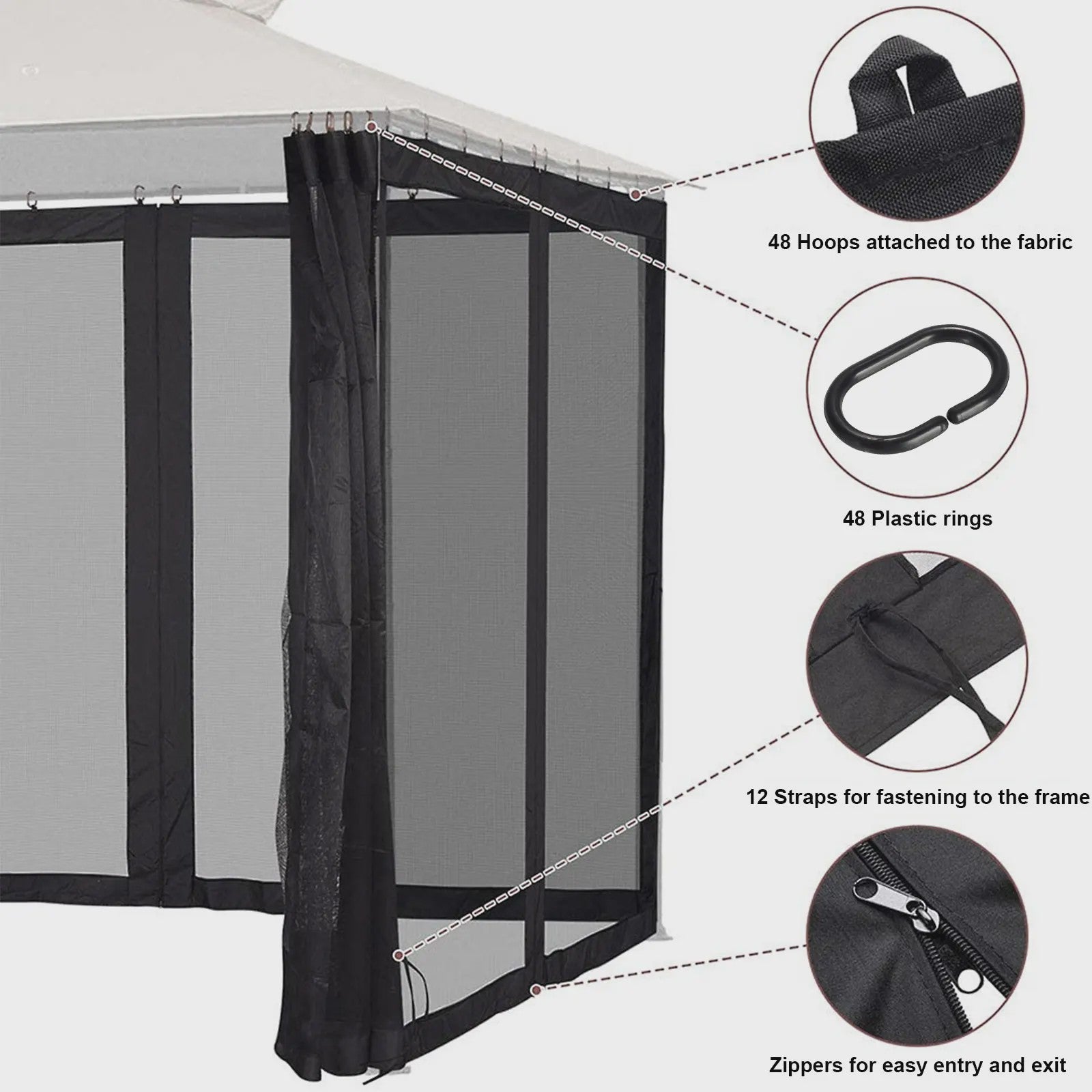 Muggennet voor Gazebo - 300x300cm of 360x360cm - Insectenwering met Ritsen