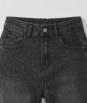 Dames Y2K Jeans met Strass en Wijde Pijpen - Zwart Gewassen Baggy Denim