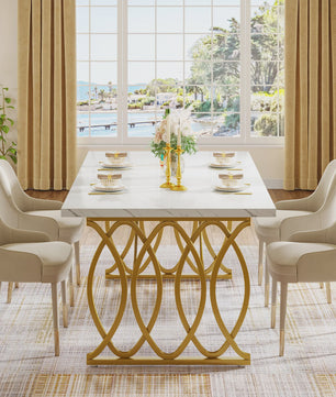 Moderne Eettafel Marmerlook 160cm Rechthoekig voor 4-6 Personen met Gouden Onderstel