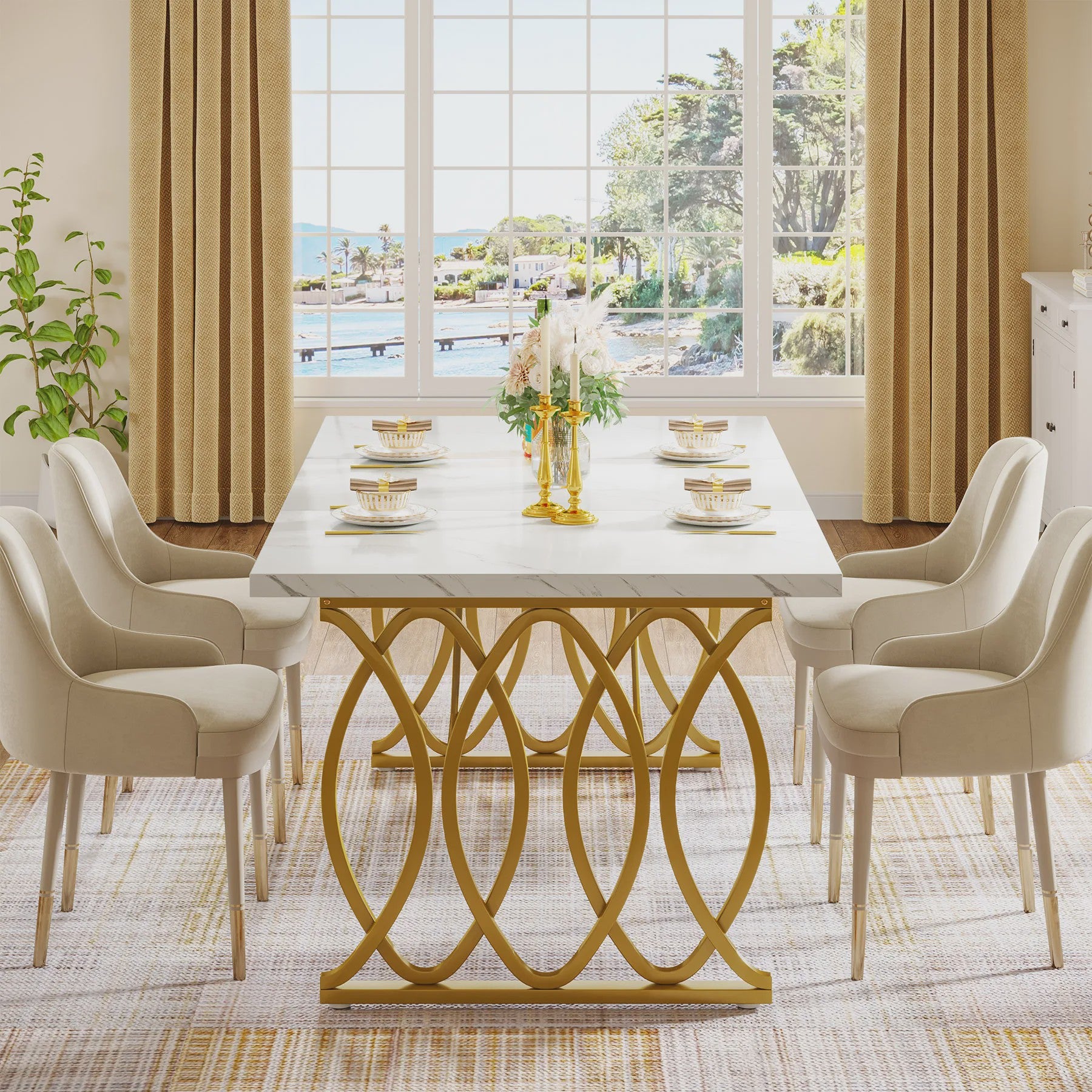 Moderne Eettafel Marmerlook 160cm Rechthoekig voor 4-6 Personen met Gouden Onderstel