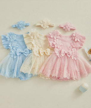 Prinsessen Baby Meisjes Romper Jurk met 3D Bloemen, Kant & Hoofdband - Zomerkleding
