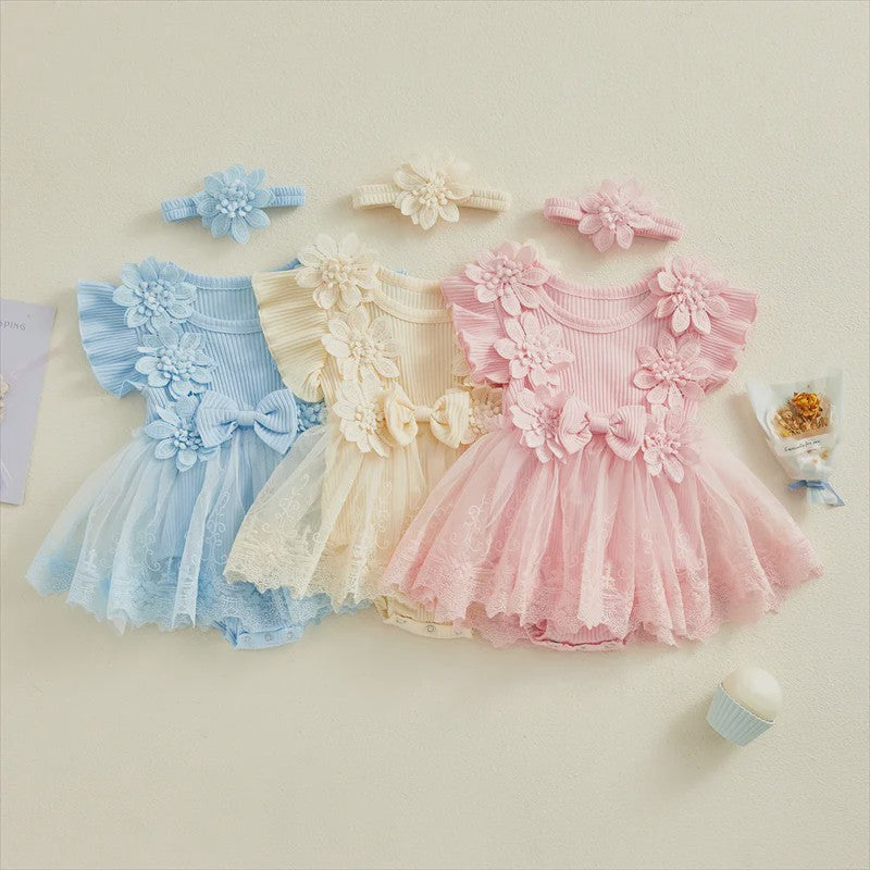 Prinsessen Baby Meisjes Romper Jurk met 3D Bloemen, Kant & Hoofdband - Zomerkleding
