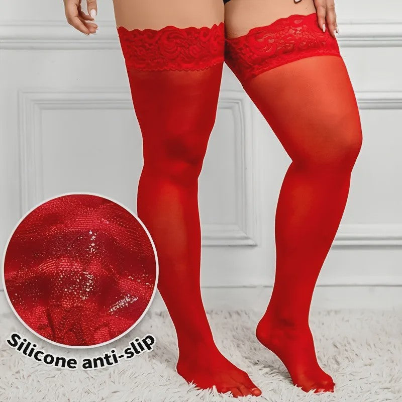 Ultra Dunne Kant Kousen tot Boven de Knie voor Plus Size Dames - Zwart & Wit