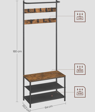VASAGLE Kapstok met Schoenenbank en 9 Haken - Entree Meubel 64x32.2x180 cm