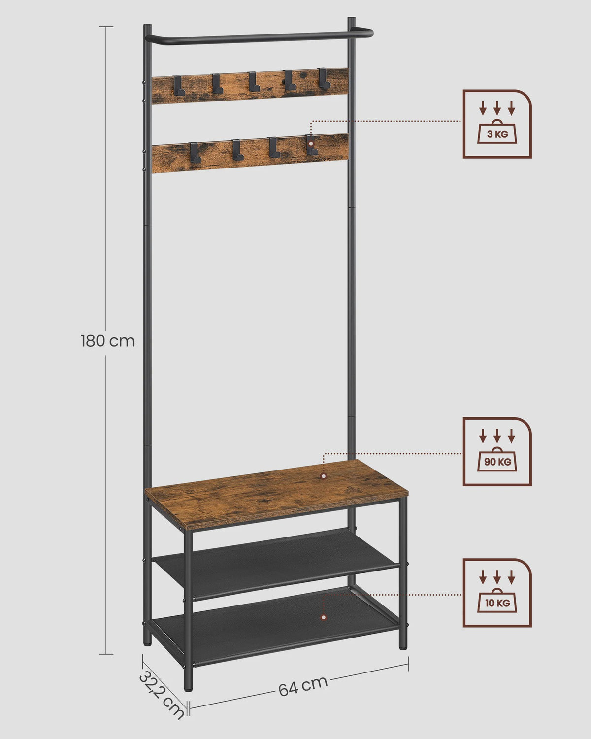 VASAGLE Kapstok met Schoenenbank en 9 Haken - Entree Meubel 64x32.2x180 cm