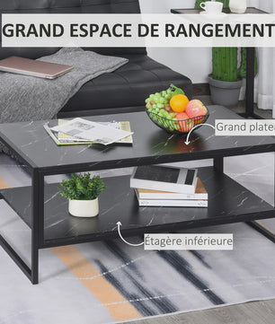 HOMCOM Salontafel met 2 etages, Modern Design, Zwart Marmerlook, 106x50x47 cm