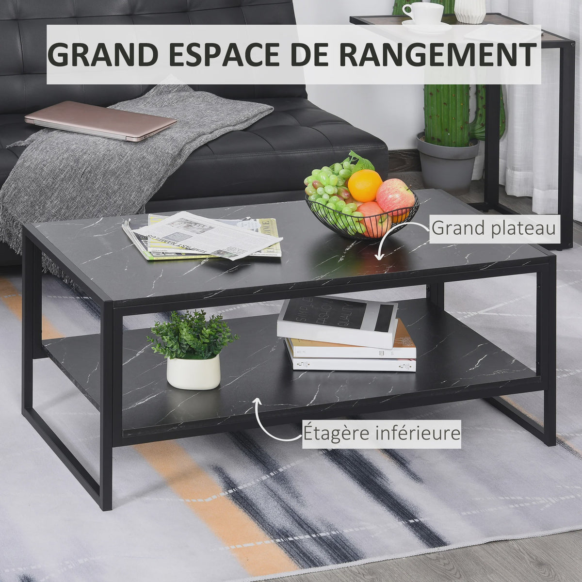 HOMCOM Salontafel met 2 etages, Modern Design, Zwart Marmerlook, 106x50x47 cm