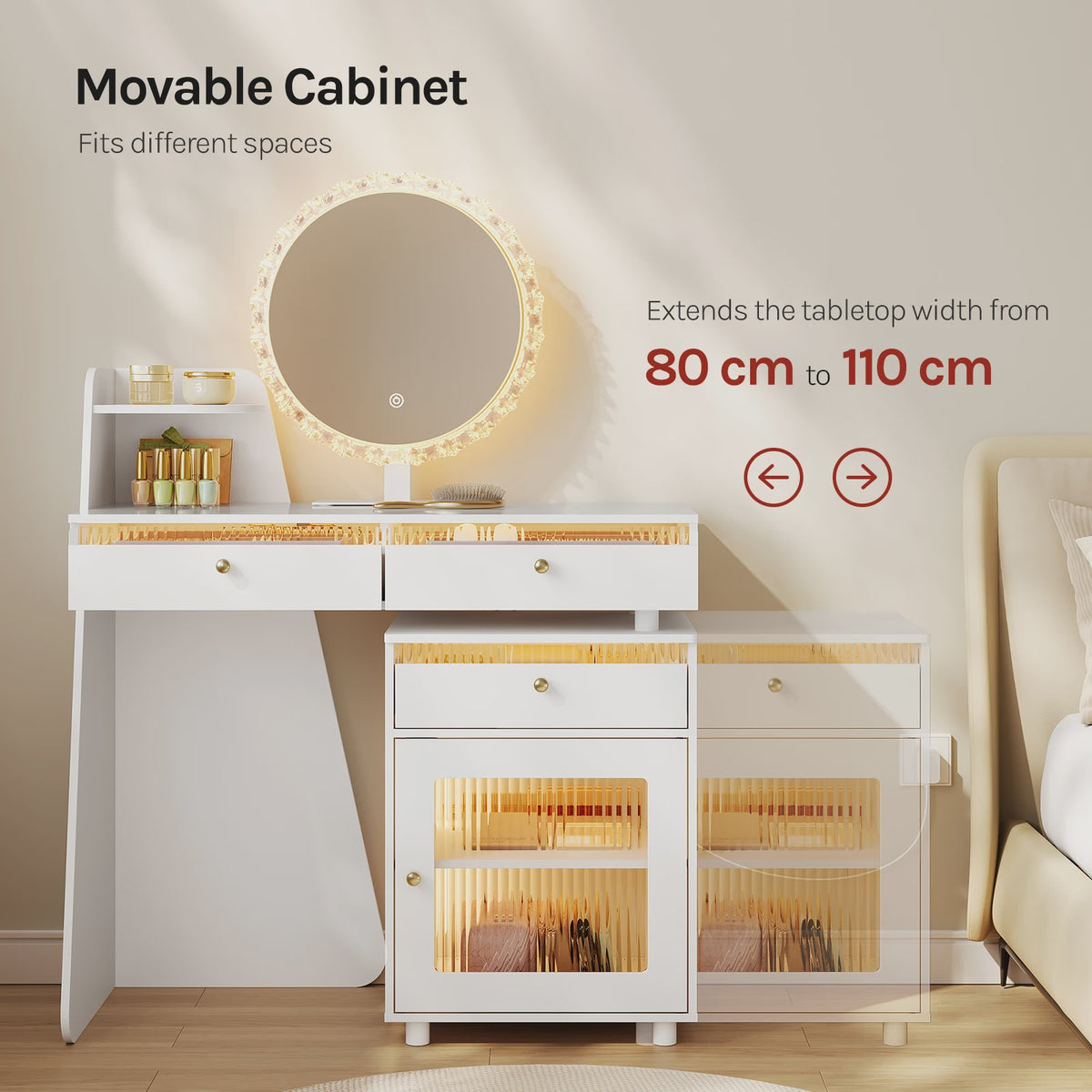 Moderne Kaptafel met LED Spiegel, 3 Lades en Verplaatsbaar Kastje - Wit
