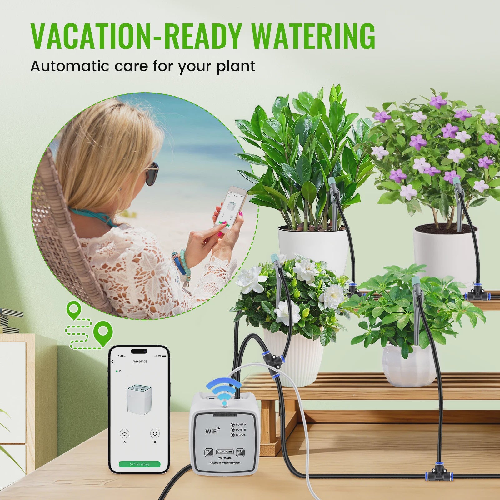 WiFi Automatic Irrigation System With Double Pump DIY Drip Irrigation Set Controlled Via App, Garden Watering System For Balcony