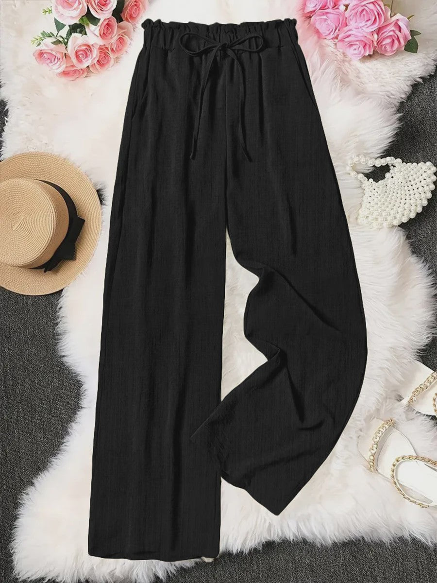 Dames Wijde Pijp Broek met Hoge Taille en Trekkoord - Comfortabel & Stijlvol