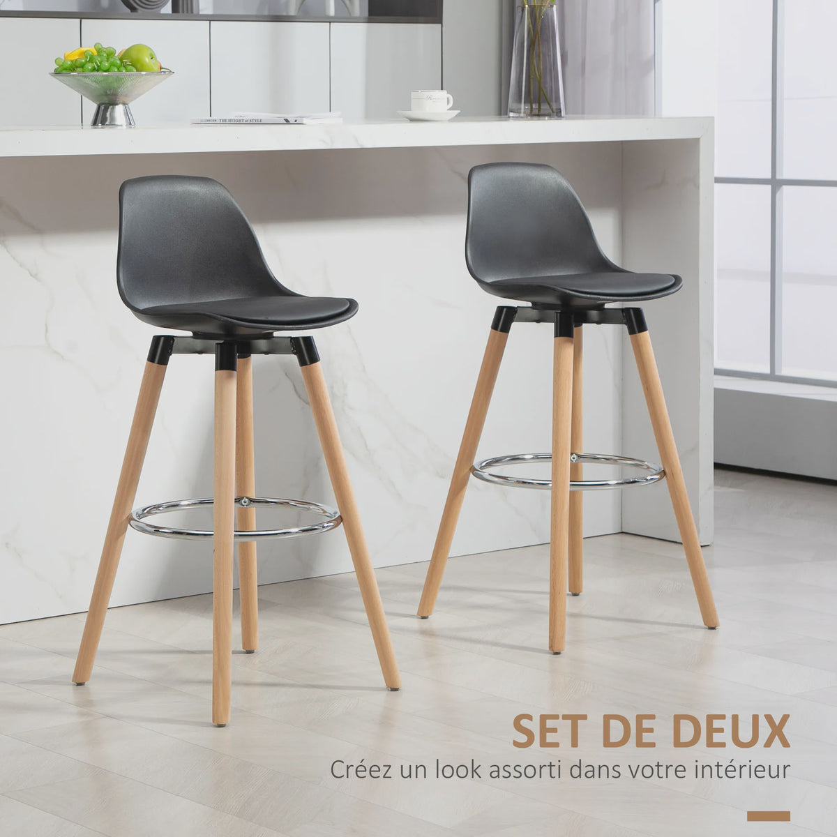 Set van 2 Stijlvolle Barkrukken met Rugleuning en Voetensteun - PU Zitting & Houten Poten (69 cm)