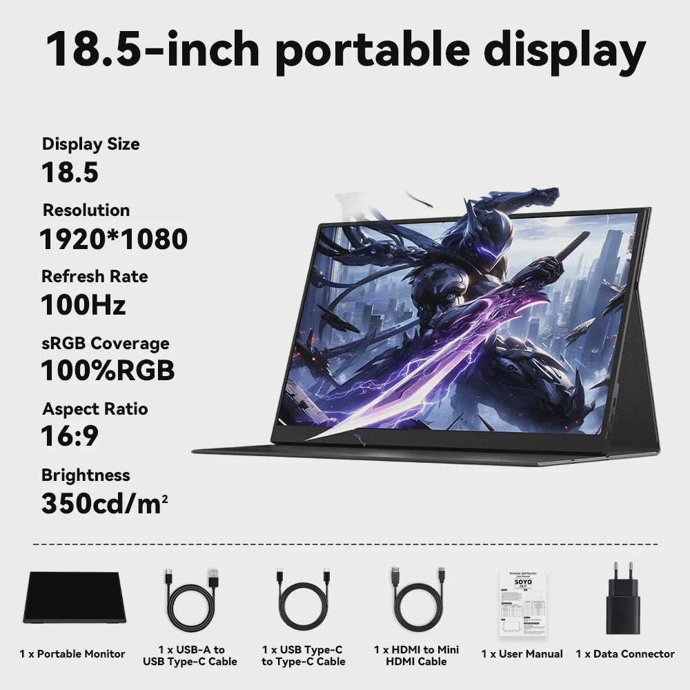 SOYO 18.5 inch Draagbare Monitor - Full HD Gaming & Kantoor Display voor Laptop, Xbox, PS5, Switch