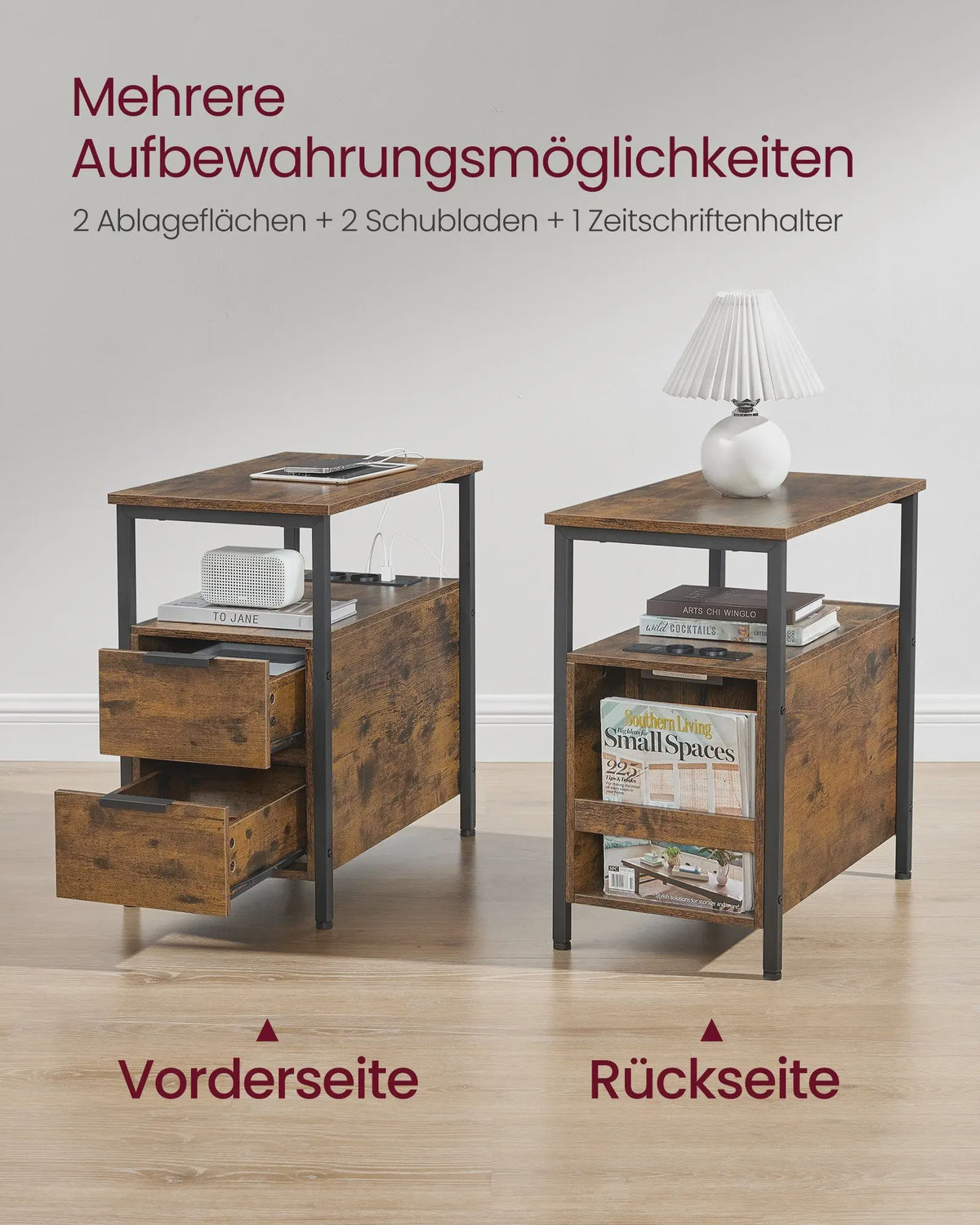 VASAGLE Nachtkastje met Ingebouwde Stopcontacten en Lade, 60x35x61 cm