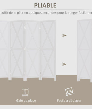 HOMCOM Paravent 4 Panelen Wit Hout Landelijke Stijl Kamerverdeler 182x170 cm