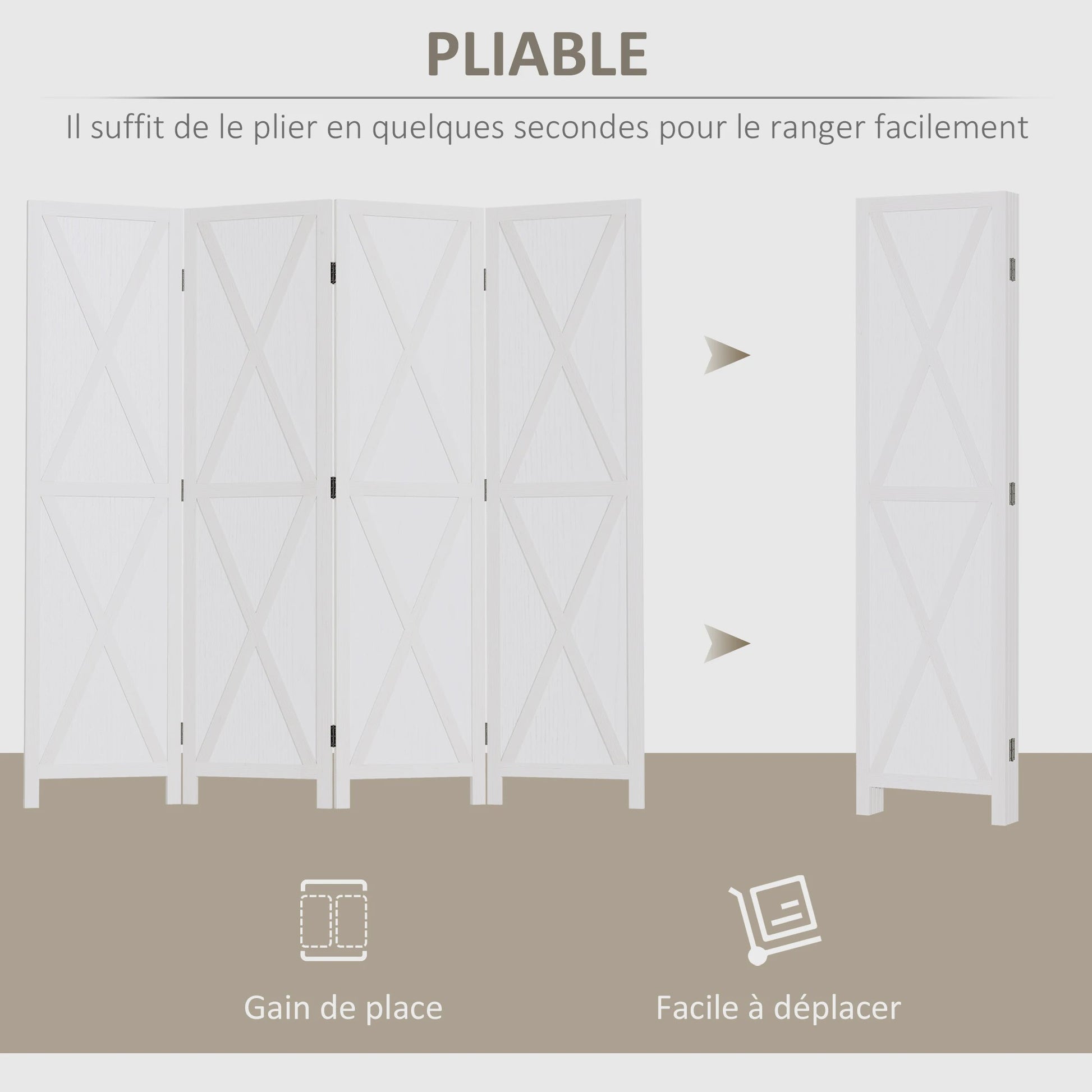 HOMCOM Paravent 4 Panelen Wit Hout Landelijke Stijl Kamerverdeler 182x170 cm