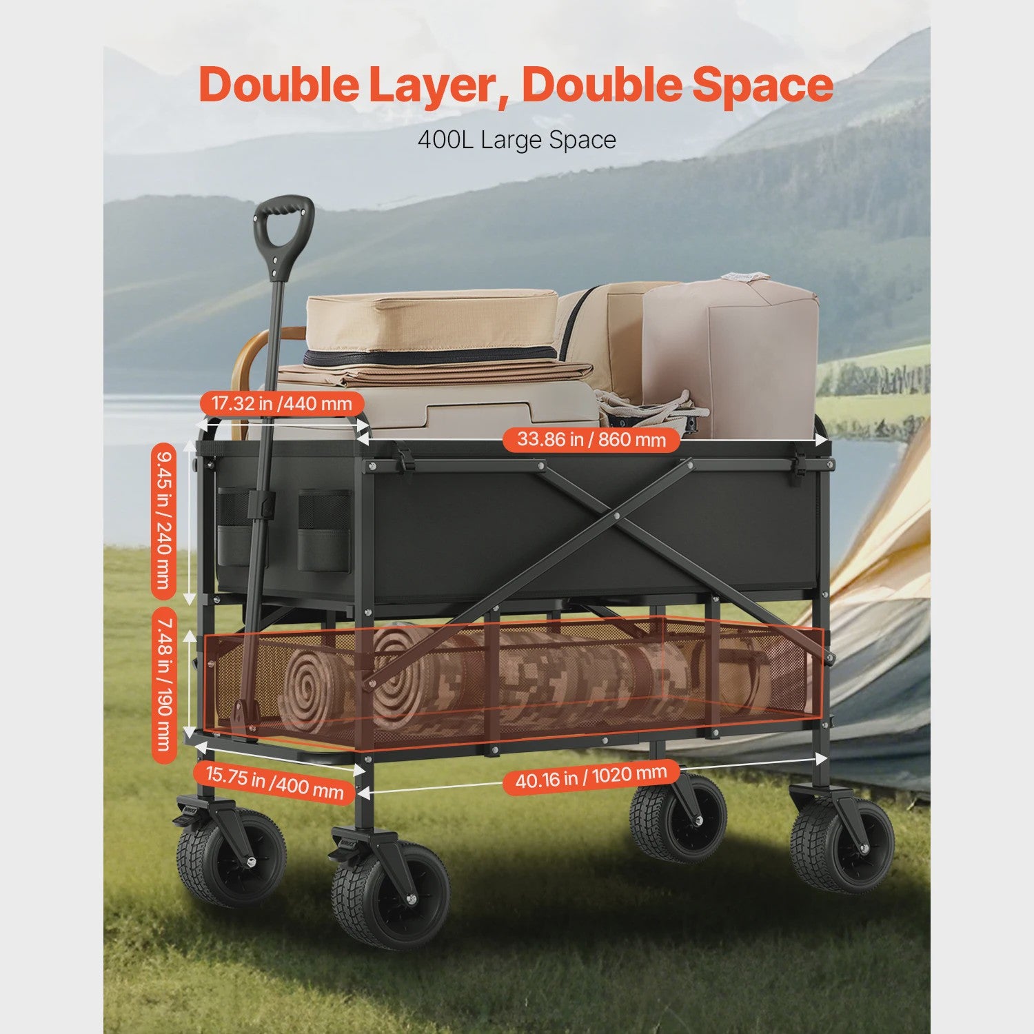 Dubbeldeks inklapbare transportkar - 300L, 450lbs, All-Terrain wielen