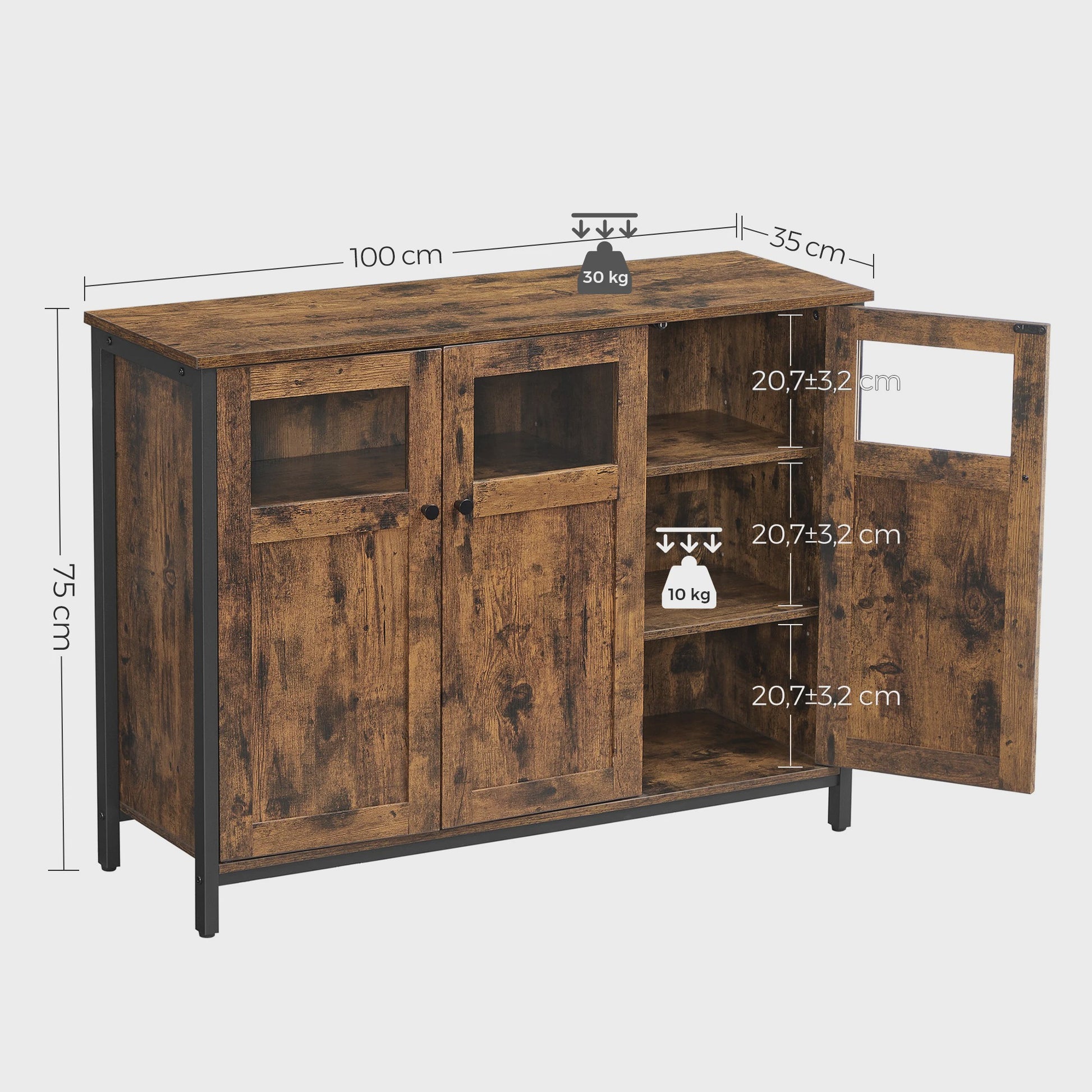 Industrieel Sideboard met Glazen Deuren - 100x35x75 cm