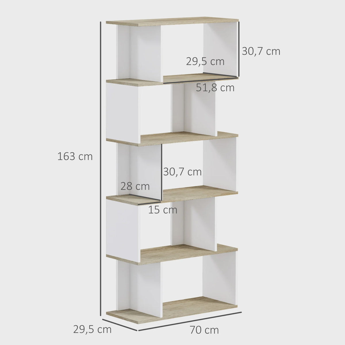 HOMCOM Scandinavische Boekenkast met 5 Vakken - Wit & Houtkleur