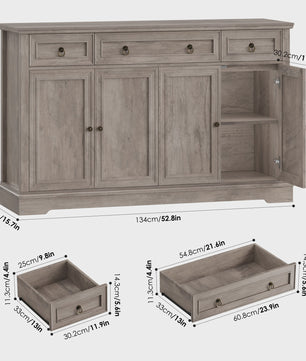 Stijlvol Wit Retro Sideboard met 3 Lades en 4 Deuren - 134x40x87cm