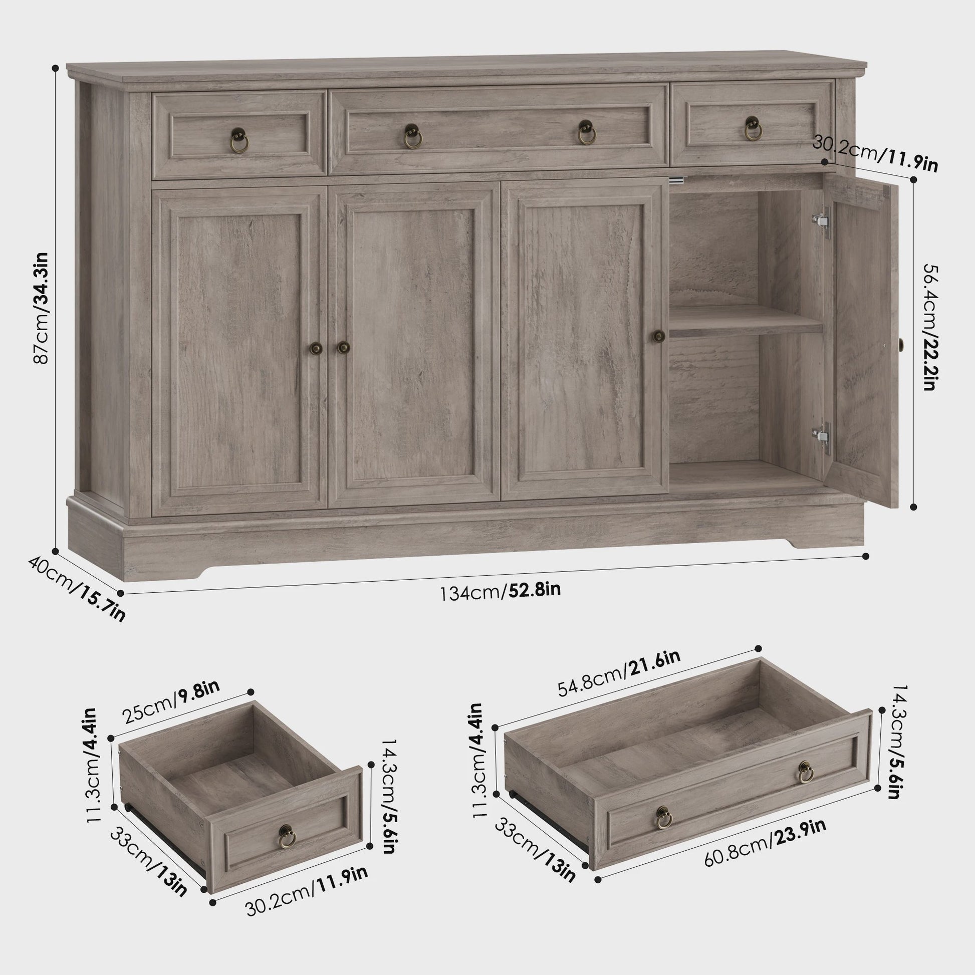 Stijlvol Wit Retro Sideboard met 3 Lades en 4 Deuren - 134x40x87cm