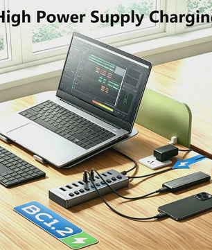 10-Poorts USB 3.0 Hub met 5Gbps Snelheid, Individuele Schakelaars en Krachtige Adapter