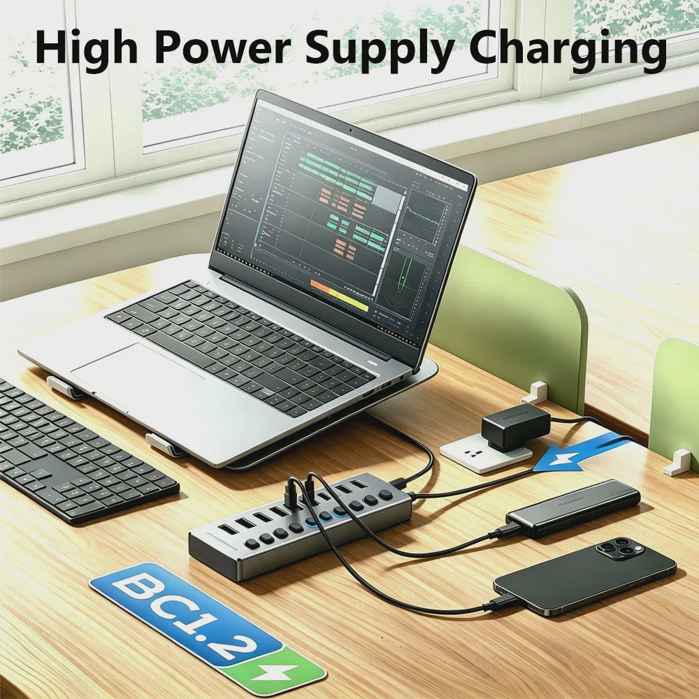 10-Poorts USB 3.0 Hub met 5Gbps Snelheid, Individuele Schakelaars en Krachtige Adapter