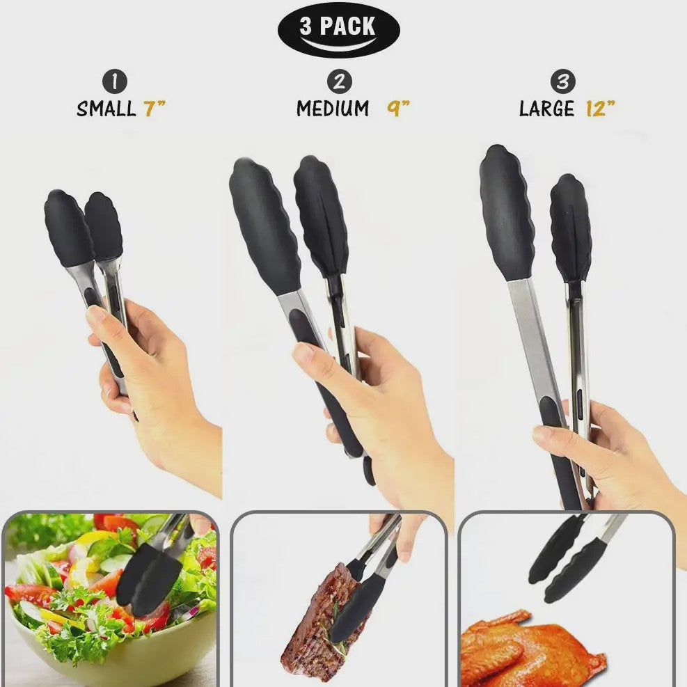 Set Keukentang 7, 9 & 12 Inch - RVS met Hittebestendige Siliconen Tips & Vergrendeling