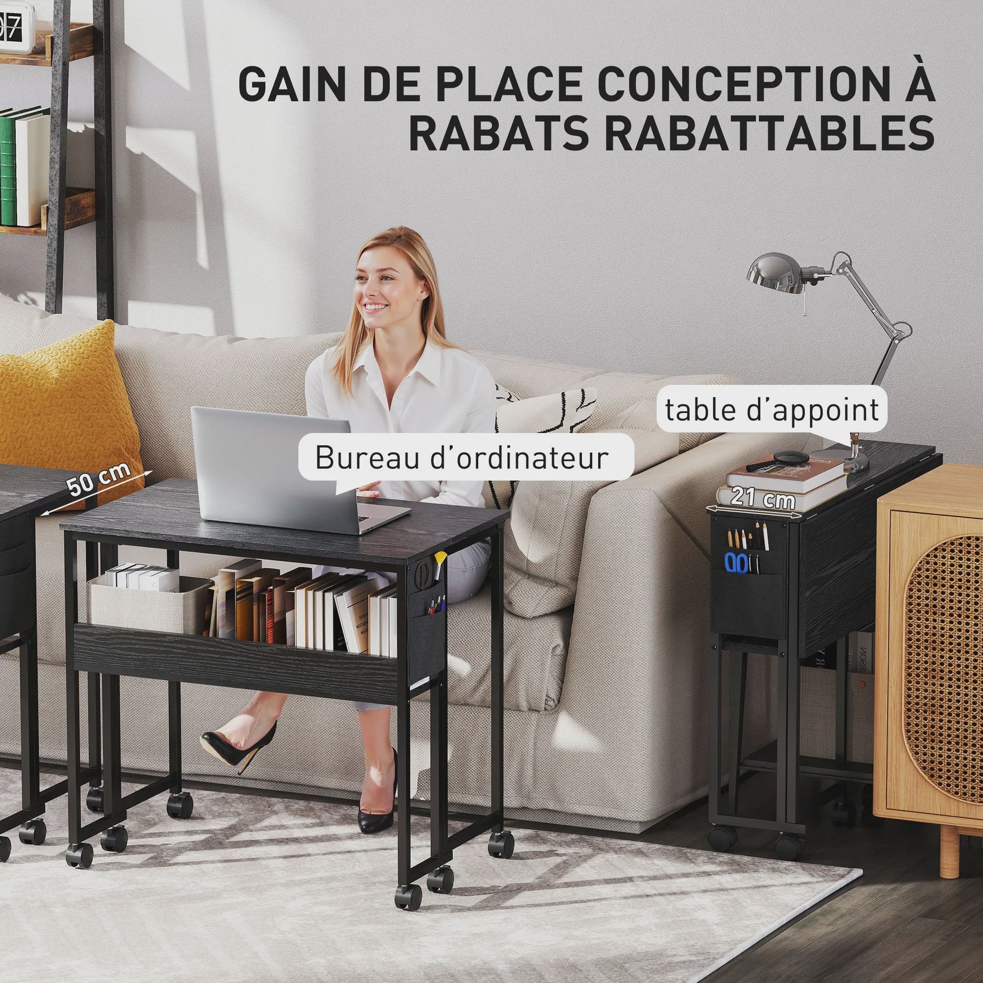 HOMCOM Inklapbaar Bureau op Wieltjes (80x50 cm) met Plank en Opbergvak - Zwart