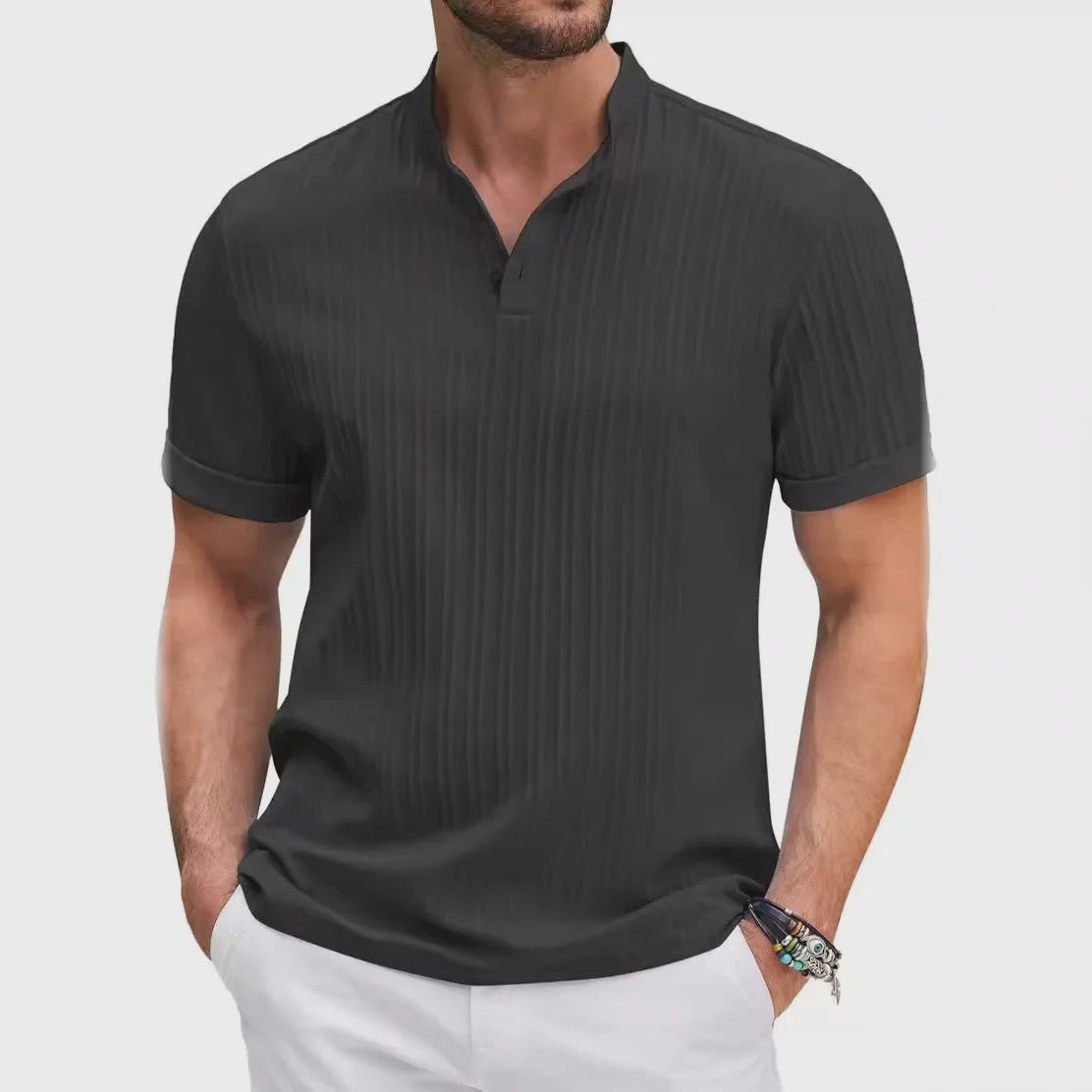 Herenshirt van Katoen en Linnen met Opstaande Kraag - Casual en Comfortabel