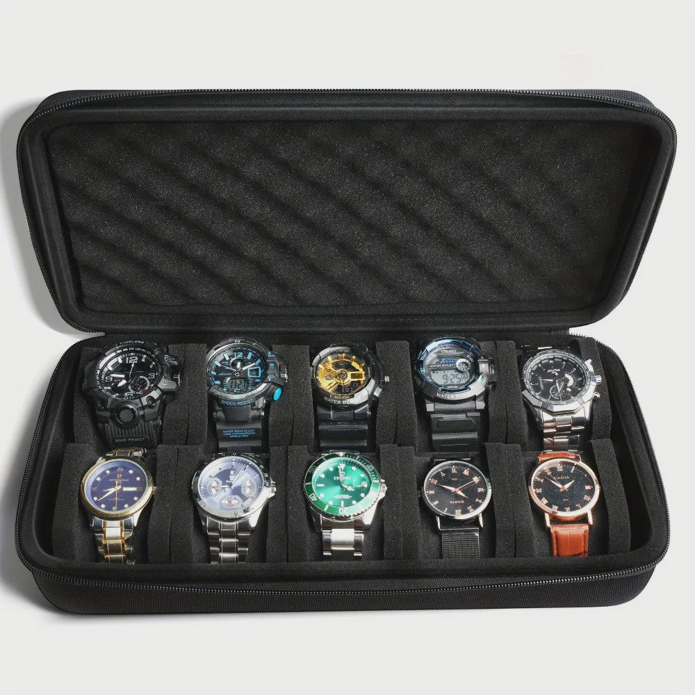 Luxe Horlogedoos 10 Vakken - Hardcase Opbergdoos & Vitrinehouder