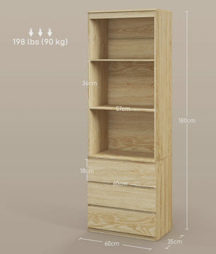 HOMCOM Boekenkast met 3 Planken en 3 Lades - Natuurlijk Hout Effect - 60x35x180 cm