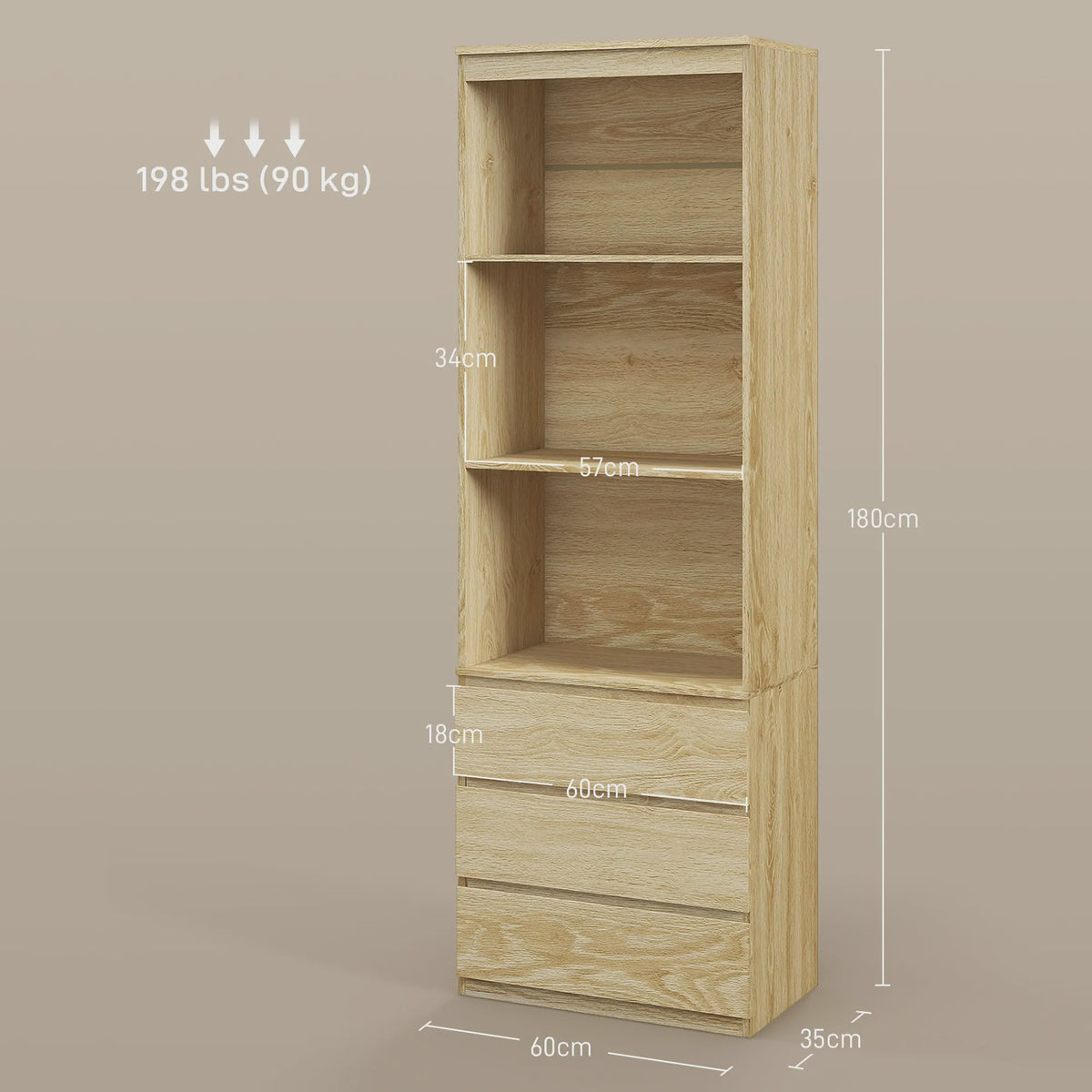 HOMCOM Boekenkast met 3 Planken en 3 Lades - Natuurlijk Hout Effect - 60x35x180 cm