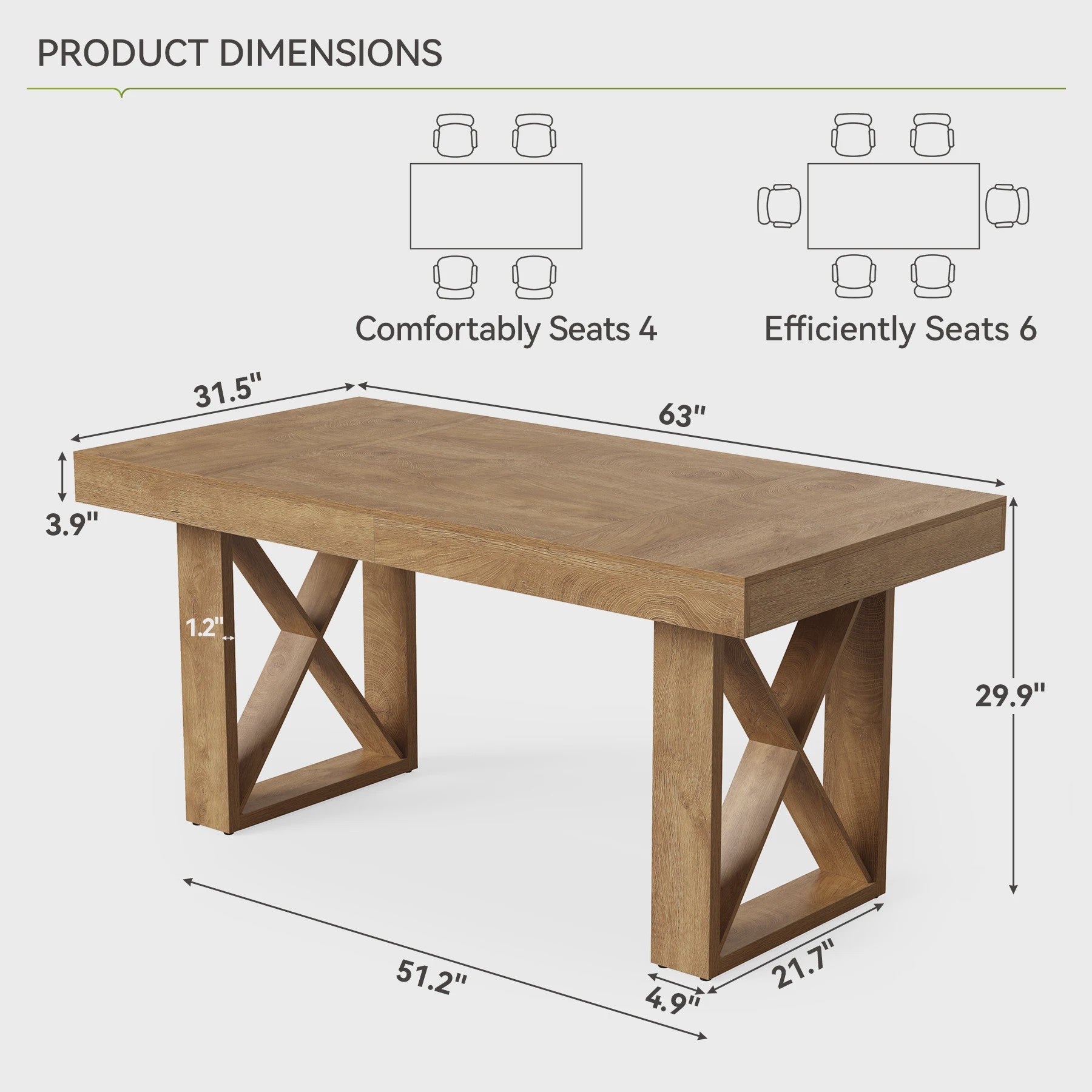 Eettafel 63 Inch Farmhouse Stijl - Bruin Hout - Geschikt voor 4-6 Personen
