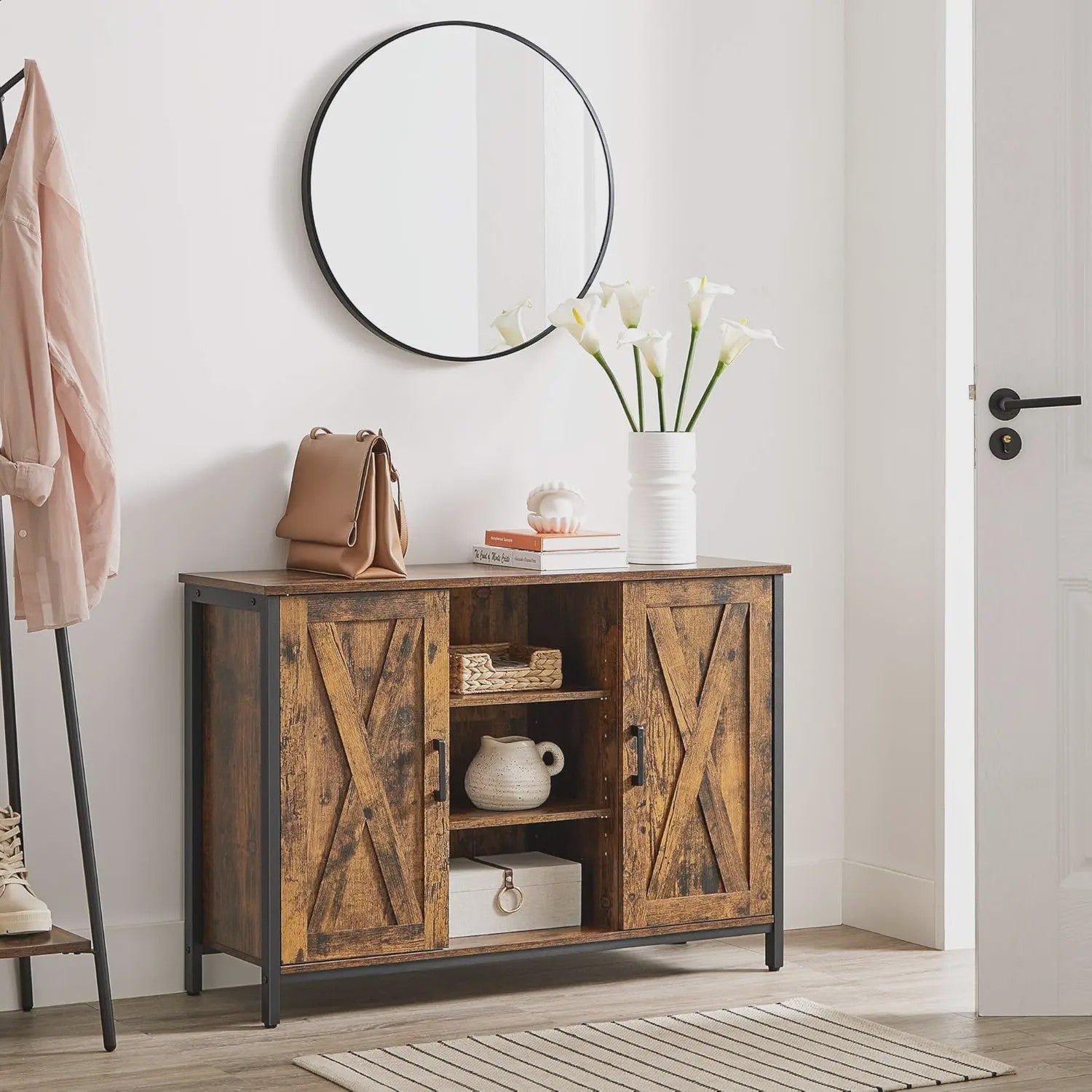 VASAGLE Sideboard Keukenkast met Open Planken - 100x35x70 cm - Rustiek Hout & Zwart Metaal