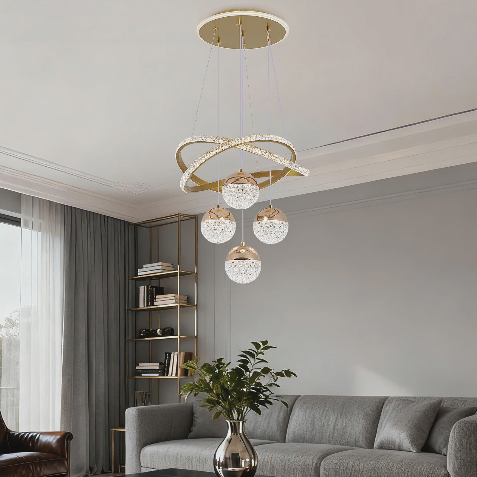 Moderne LED Plafondlamp Goud - Drie Kleuren Licht - Verstelbare Hanglamp voor Woonkamer & Eetkamer