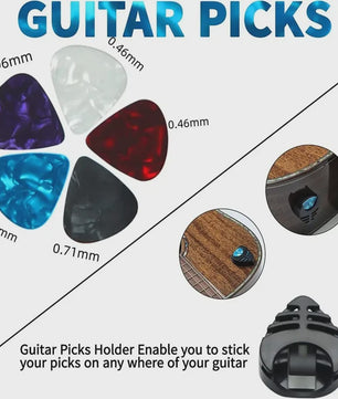 7-delige Gitaar Capo Set met 5 Picks en Houder - Zwart & Zilver