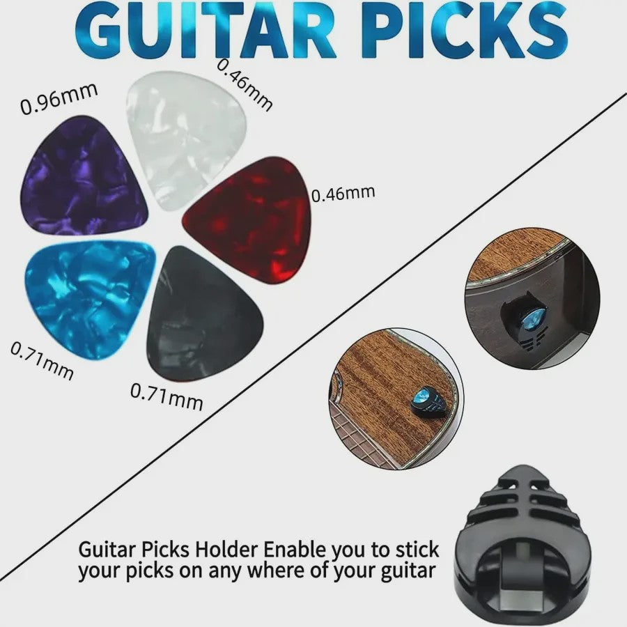 7-delige Gitaar Capo Set met 5 Picks en Houder - Zwart & Zilver