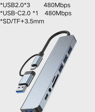 8-in-2 USB-C Hub: Expander met USB 3.0, Type-C, SD/TF & Audio voor Telefoon/Tablet