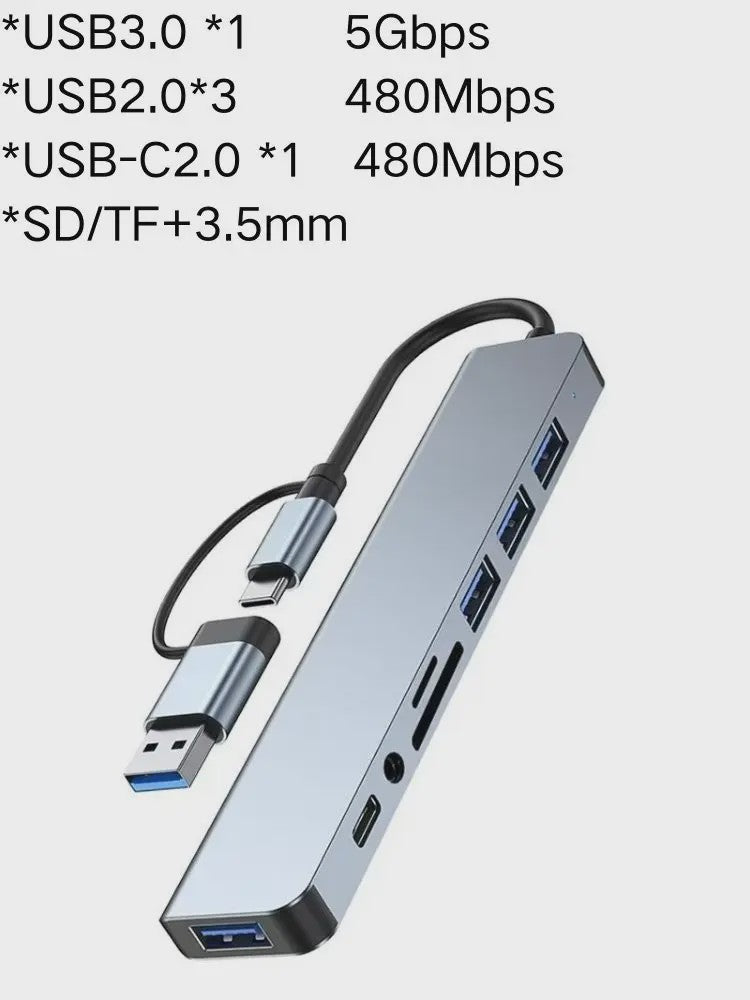 8-in-2 USB-C Hub: Expander met USB 3.0, Type-C, SD/TF & Audio voor Telefoon/Tablet