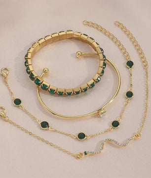 Set van 4 Luxe Armbanden met Groene Edelstenen en Strass - Stijlvolle Sieraden voor Dames