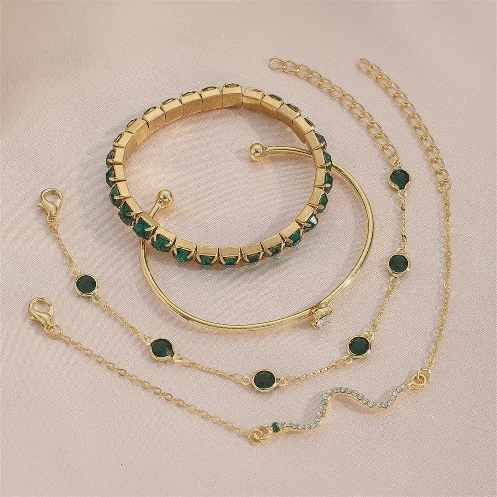Set van 4 Luxe Armbanden met Groene Edelstenen en Strass - Stijlvolle Sieraden voor Dames