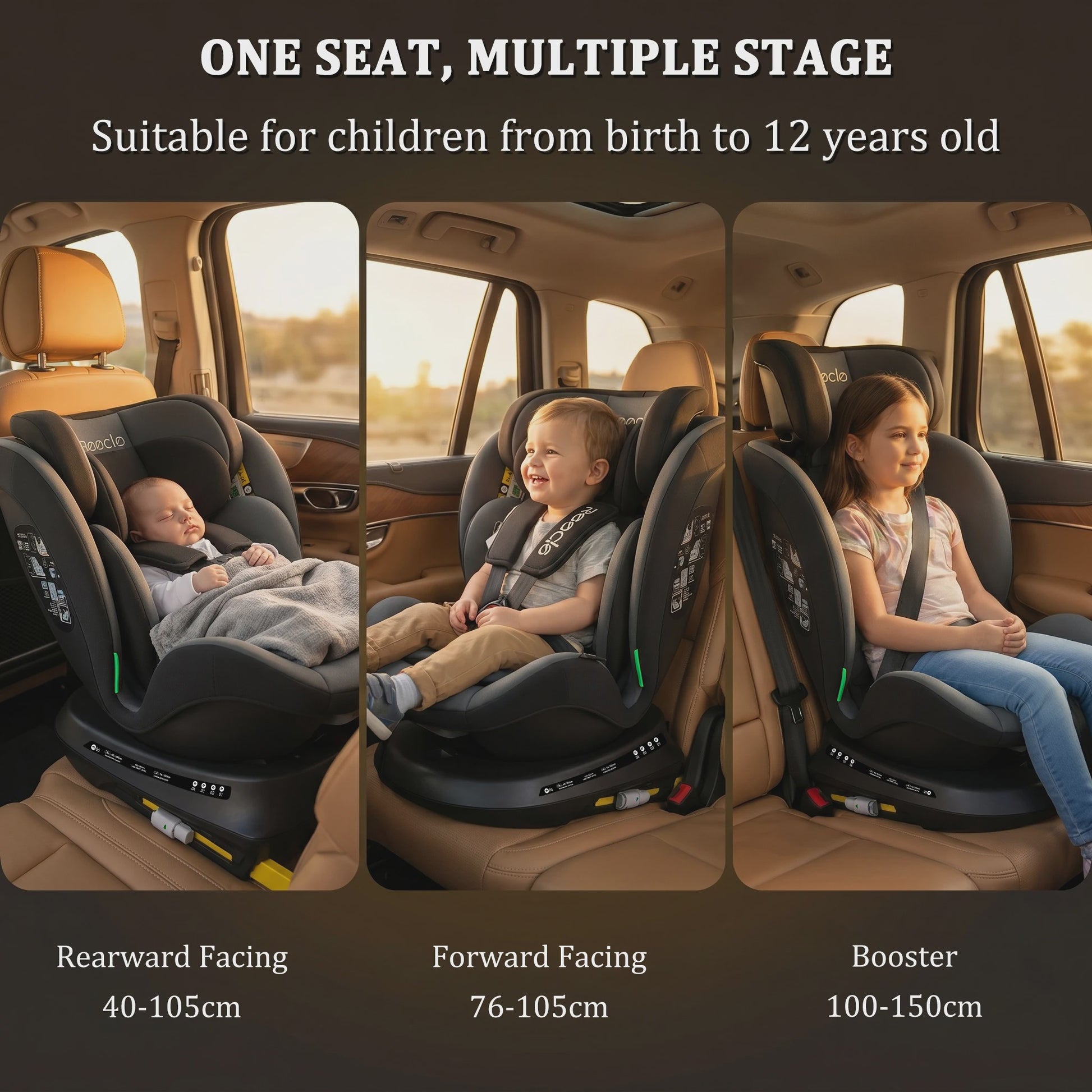 Reecle I-Size 360° Draaibaar Autostoeltje 40-150cm (0-12 Jaar) met ISOFIX