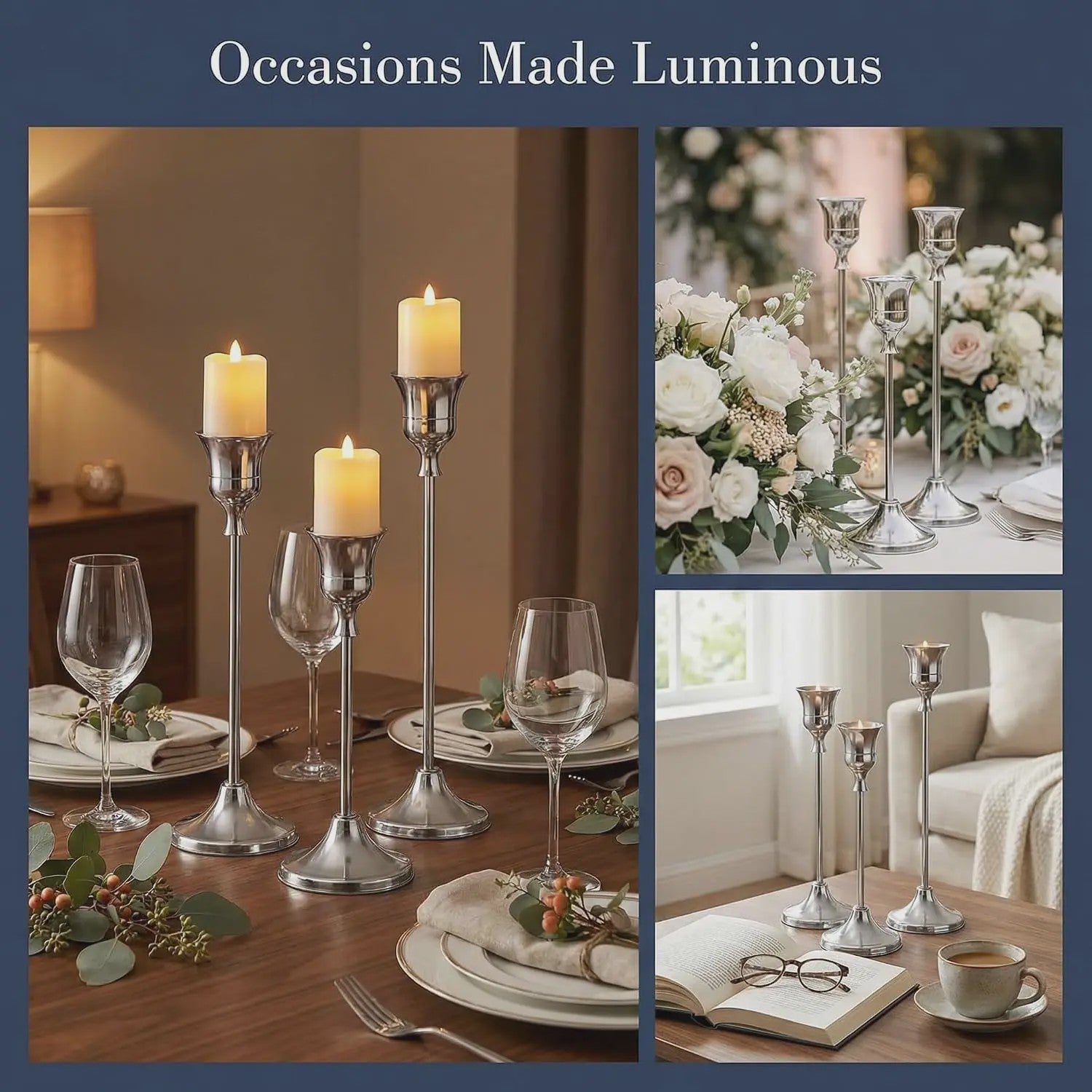 Set van 3 Zilverkleurige Vintage IJzeren Kandelaars - Luxe Belvorm & Europese Tafeldecoratie